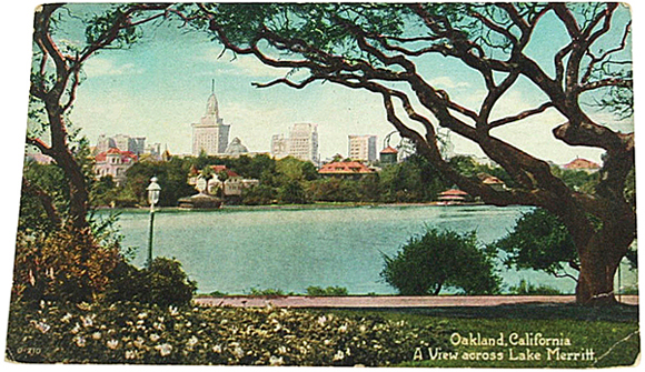 City Hall dominates the Oakland skyline in this hand colored postcard, ca. 1920.