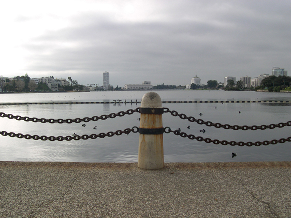 View looking southwest across Lake Merritt from "El Embarcadero" pergola.